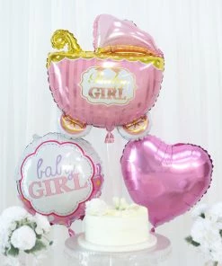 HIER_3230 Set Of 5 | Pink/White Girl Baby Shower Mylar Foil Balloon Set, Heart, Round And Baby Carriage Balloon Bouquet With Ribbon, Gender Reveal Party Decorations Big Event Backdrops & Décor