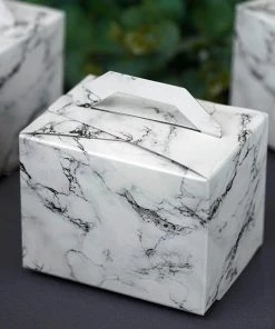 HIER_5310 Chargers & Centerpieces 50 Pack | 4"x3"x3" White/Black Marble Tote Party Favor Candy Gift Box