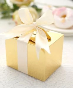 HIER_5310 Chargers & Centerpieces 100 Pack | 4"x3"x3" Metallic Gold Tote Party Favor Candy Gift Boxes