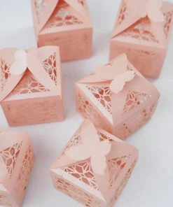 HIER_5310 25 Pack | Blush/Rose Gold Butterfly Top Laser Cut Favor Candy Gift Box