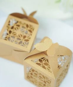 HIER_5310 Tabletop Decor 25 Pack | Gold Butterfly Top Laser Cut Lace Favor Candy Gift Boxes