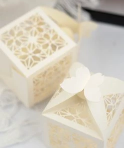 HIER_5310 Tabletop Decor 25 Pack | Ivory Butterfly Top Laser Cut Lace Favor Candy Gift Boxes