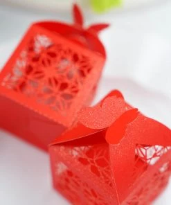 HIER_5310 25 Pack | Red Butterfly Top Laser Cut Lace Favor Candy Gift Boxes Tabletop Decor