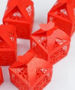 HIER_5310 25 Pack | Red Butterfly Top Laser Cut Lace Favor Candy Gift Boxes Tabletop Decor
