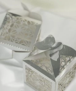 HIER_5310 Tabletop Decor 25 Pack | Silver Butterfly Top Laser Cut Lace Favor Candy Gift Boxes