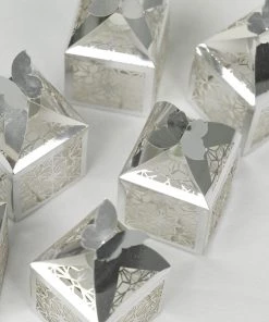 HIER_5310 Tabletop Decor 25 Pack | Silver Butterfly Top Laser Cut Lace Favor Candy Gift Boxes