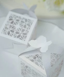 HIER_5310 Tabletop Decor 25 Pack | White Butterfly Top Laser Cut Lace Favor Candy Gift Boxes