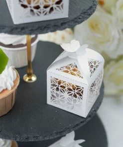 HIER_5310 Tabletop Decor 25 Pack | White Butterfly Top Laser Cut Lace Favor Candy Gift Boxes