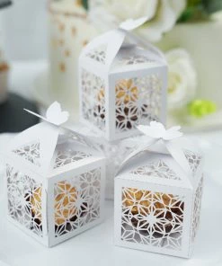 HIER_5310 Tabletop Decor 25 Pack | White Butterfly Top Laser Cut Lace Favor Candy Gift Boxes