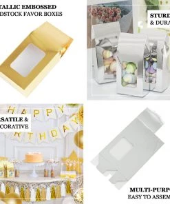 HIER_5310 Favor Boxes 25 Pack | Silver Tote With Window Party Favor Candy Gift Boxes 2.75