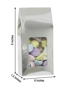 HIER_5310 Favor Boxes 25 Pack | Silver Tote With Window Party Favor Candy Gift Boxes 2.75