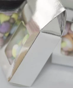 HIER_5310 Favor Boxes 25 Pack | Silver Tote With Window Party Favor Candy Gift Boxes 2.75