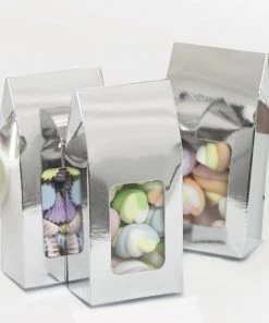 HIER_5310 Favor Boxes 25 Pack | Silver Tote With Window Party Favor Candy Gift Boxes 2.75