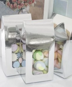 HIER_5310 Favor Boxes 25 Pack | Silver Tote With Window Party Favor Candy Gift Boxes 2.75