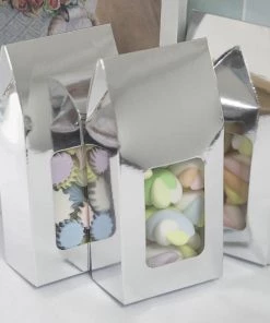 HIER_5310 Favor Boxes 25 Pack | Silver Tote With Window Party Favor Candy Gift Boxes 2.75