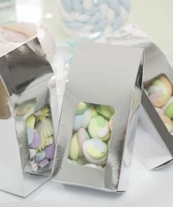 HIER_5310 Favor Boxes 25 Pack | Silver Tote With Window Party Favor Candy Gift Boxes 2.75" X 1.5" X 6"
