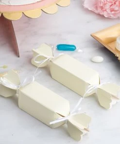 HIER_5310 25 Pack | Ivory Candy Shape W/Satin Ribbon Party Favor Gift Boxes - Clearance SALE Tabletop Decor