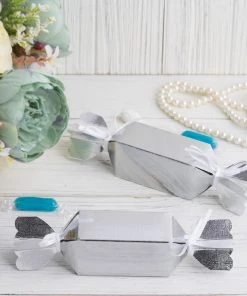HIER_5310 Tabletop Decor 25 Pack | Silver Candy Shape W/Satin Ribbon Party Favor Gift Boxes - Clearance SALE
