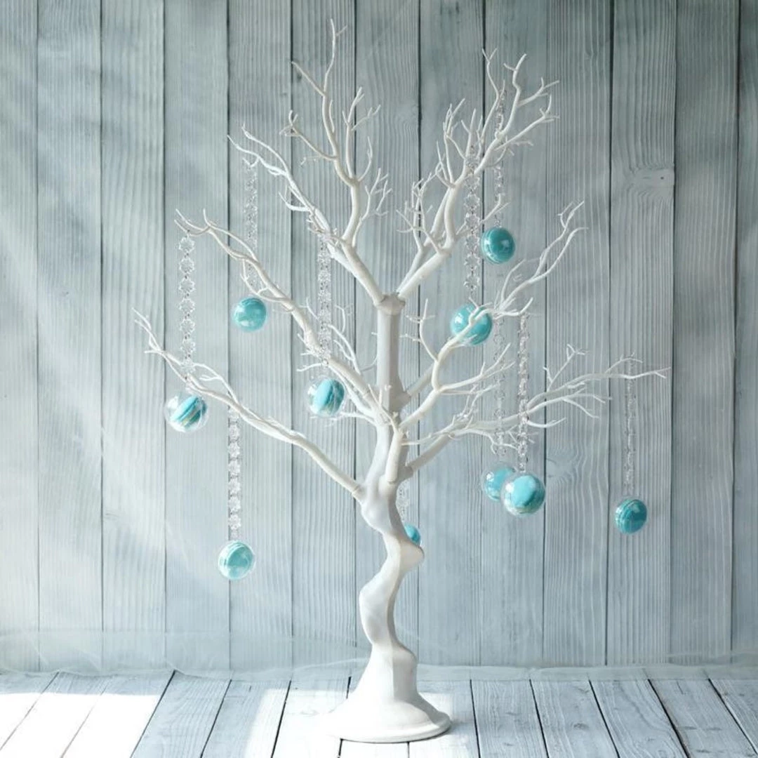 HIER_3610 30" White Glittered Manzanita Centerpiece Tree + 8 Acrylic Bead Chains 8 HIER_3610 30" White Glittered Manzanita Centerpiece Tree + 8 Acrylic Bead Chains