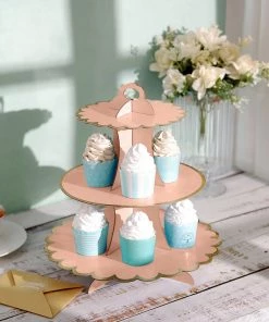 HIER_4130 Chargers & Centerpieces 13" 3-Tier Blush/Rose Gold Cardboard Cupcake Dessert Stand Treat Tower
