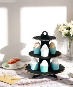 HIER_4130 13" 3-Tier Black/Gold Cardboard Cupcake Dessert Stand Treat Tower Chargers & Centerpieces