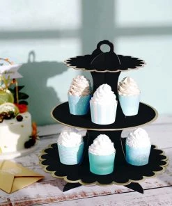 HIER_4130 13" 3-Tier Black/Gold Cardboard Cupcake Dessert Stand Treat Tower Chargers & Centerpieces
