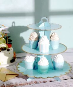 HIER_4130 13" 3-Tier Blue/Gold Cardboard Cupcake Dessert Stand Treat Tower