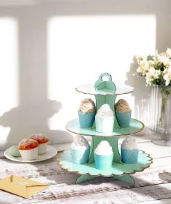 HIER_4130 Chargers & Centerpieces 13" 3-Tier Gold/Mint Cardboard Cupcake Dessert Stand Treat Tower