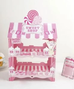 HIER_4130 18" 2-Tier Sweet Shop Cardboard Cupcake Dessert Stand, Lollipop Holder, Disposable Candy Cart Chargers & Centerpieces