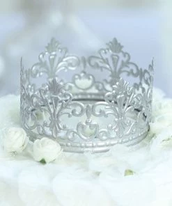 HIER_4200 2" Shiny Silver Metal Princess Crown Cake Topper, Wedding Cake Decor