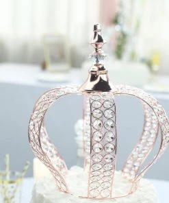 HIER_4200 14" Metallic Blush/Rose Gold Crystal-Bead Royal Crown Cake Topper
