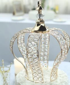 HIER_4200 14" Metallic Gold Crystal-Bead Royal Crown Cake Topper, Centerpiece