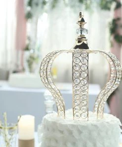 HIER_4200 14" Metallic Gold Crystal-Bead Royal Crown Cake Topper, Centerpiece