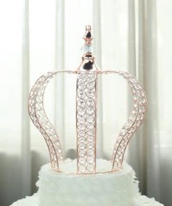 HIER_4200 16" Metallic Blush/Rose Gold Crystal-Bead Royal Crown Cake Topper Chargers & Centerpieces