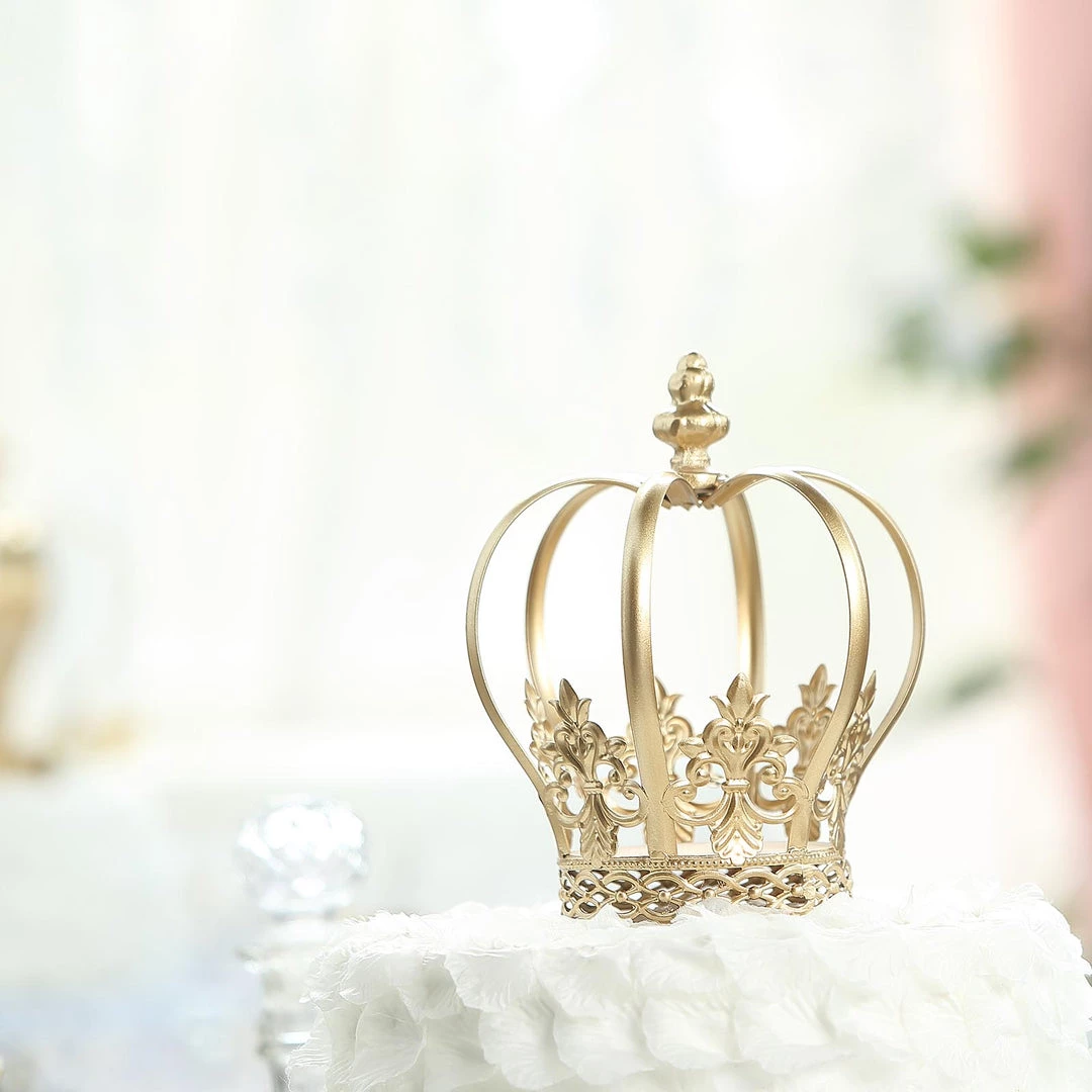 HIER_4200 8" Gold Metal Fleur-De-Lis Sides Royal Crown Cake Topper, Centerpiece Chargers & Centerpieces 2 HIER_4200 8" Gold Metal Fleur-De-Lis Sides Royal Crown Cake Topper, Centerpiece Chargers & Centerpieces