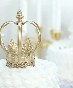 HIER_4200 8" Gold Metal Fleur-De-Lis Sides Royal Crown Cake Topper, Centerpiece Chargers & Centerpieces 15 HIER_4200 8