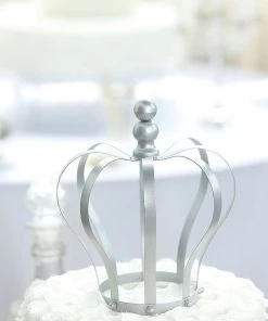 HIER_4200 Chargers & Centerpieces 9" Matte Silver Metal Royal Crown Cake Topper, Wedding Cake Decor