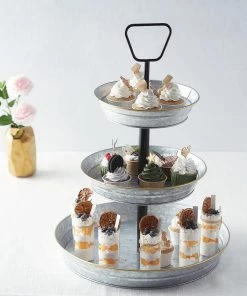 HIER_4110 Chargers & Centerpieces 20" 3-Tier Galvanized Metal Serving Tray, Rustic Dessert Cupcake Stand