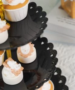 HIER_4120 Chargers & Centerpieces 13" 3-Tier Black/Gold Wavy Round Edge Cupcake Stand, Dessert Holder