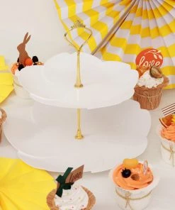 HIER_4120 9" 2-Tier White/Gold Petal Shaped Round Cupcake Stand, Appetizer Tray