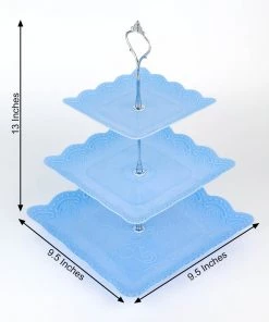 HIER_4120 13" 3-Tier Blue/Silver Floral Print Cupcake Stand, Dessert Tray, Plastic With Top Handle 15 HIER_4120 13