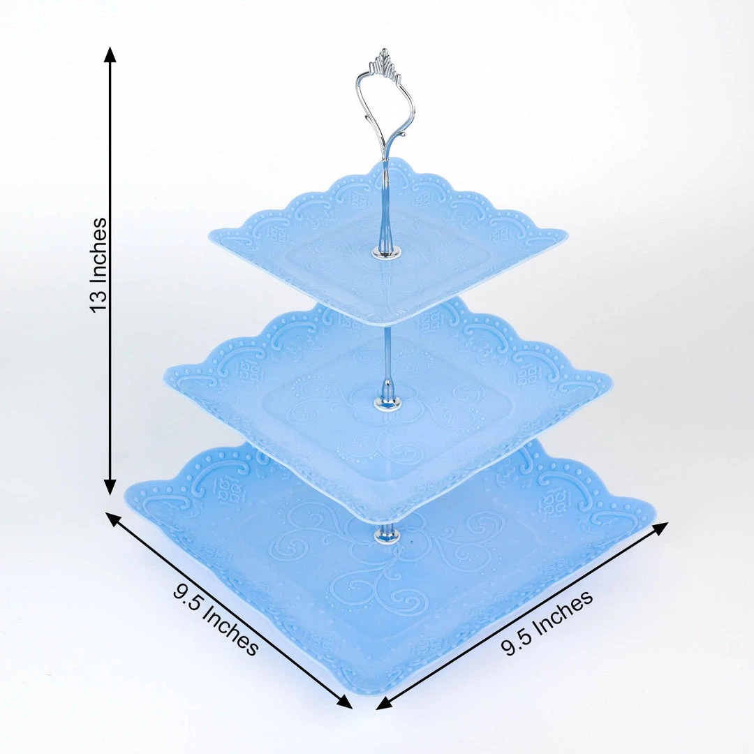 HIER_4120 13" 3-Tier Blue/Silver Floral Print Cupcake Stand, Dessert Tray, Plastic With Top Handle 3 HIER_4120 13" 3-Tier Blue/Silver Floral Print Cupcake Stand, Dessert Tray, Plastic With Top Handle