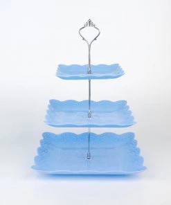HIER_4120 13" 3-Tier Blue/Silver Floral Print Cupcake Stand, Dessert Tray, Plastic With Top Handle 24 HIER_4120 13