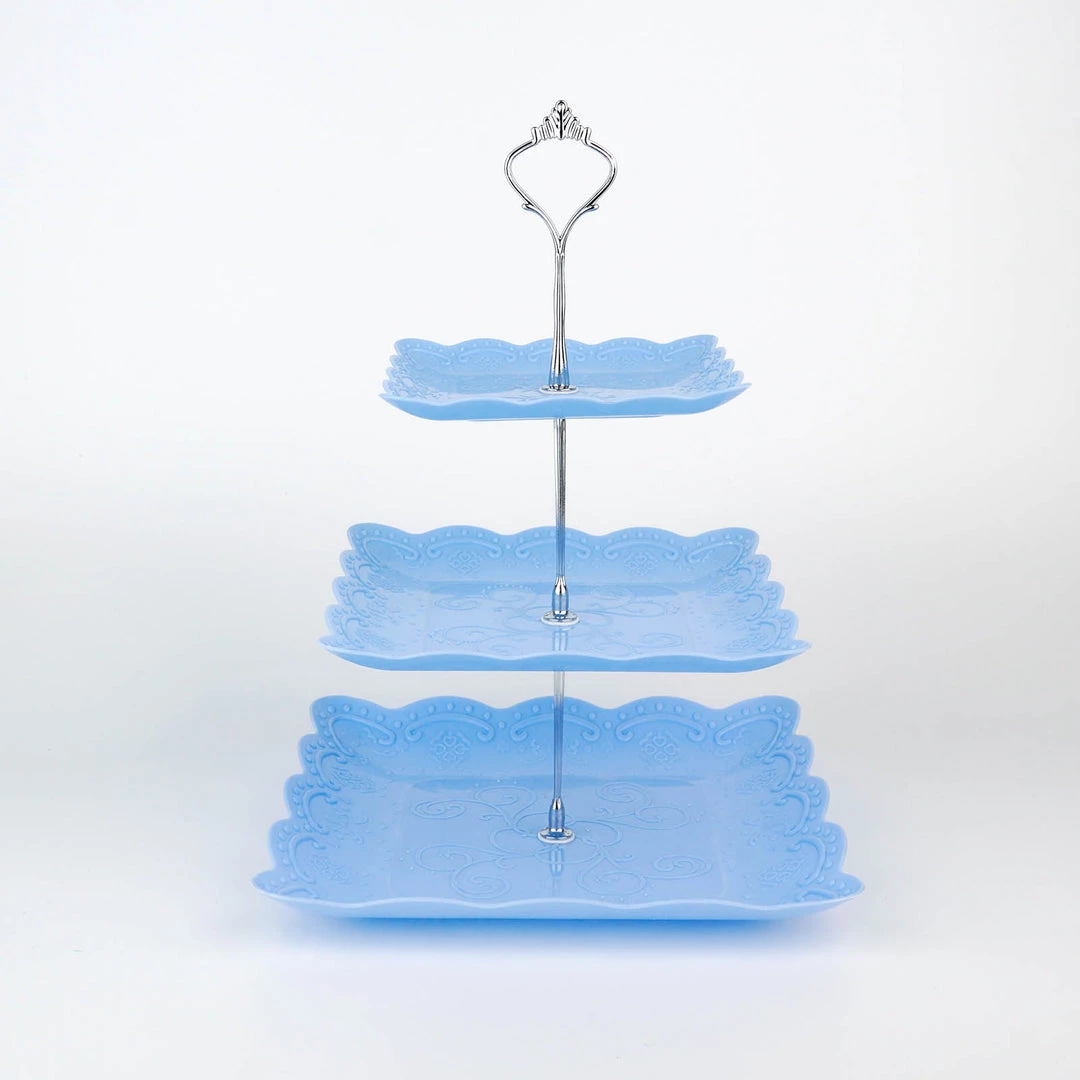 HIER_4120 13" 3-Tier Blue/Silver Floral Print Cupcake Stand, Dessert Tray, Plastic With Top Handle 12 HIER_4120 13" 3-Tier Blue/Silver Floral Print Cupcake Stand, Dessert Tray, Plastic With Top Handle