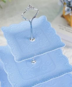 HIER_4120 13" 3-Tier Blue/Silver Floral Print Cupcake Stand, Dessert Tray, Plastic With Top Handle 21 HIER_4120 13
