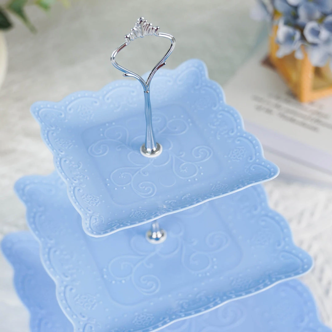 HIER_4120 13" 3-Tier Blue/Silver Floral Print Cupcake Stand, Dessert Tray, Plastic With Top Handle 9 HIER_4120 13" 3-Tier Blue/Silver Floral Print Cupcake Stand, Dessert Tray, Plastic With Top Handle