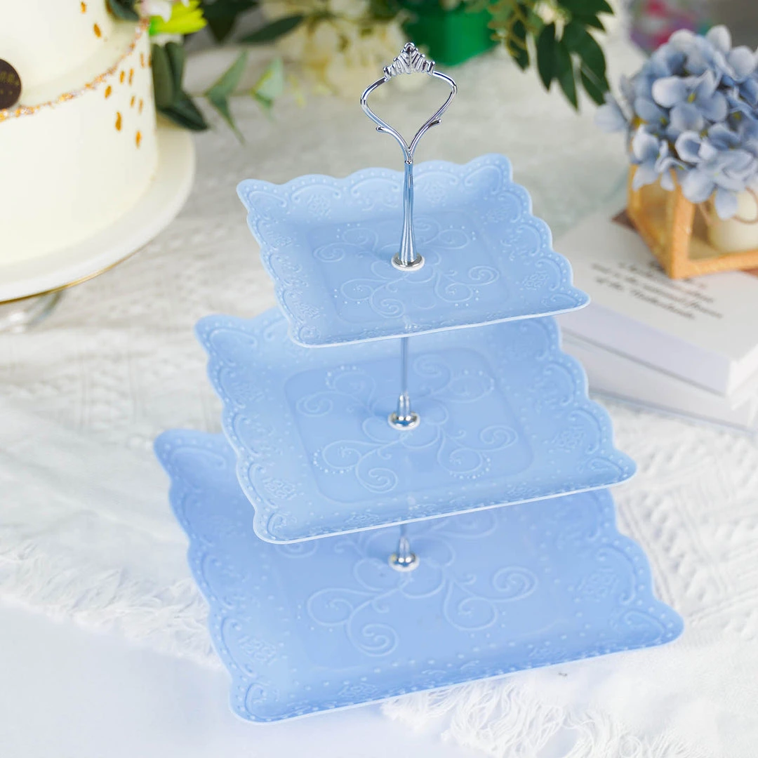 HIER_4120 13" 3-Tier Blue/Silver Floral Print Cupcake Stand, Dessert Tray, Plastic With Top Handle 1 HIER_4120 13" 3-Tier Blue/Silver Floral Print Cupcake Stand, Dessert Tray, Plastic With Top Handle
