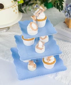 HIER_4120 13" 3-Tier Blue/Silver Floral Print Cupcake Stand, Dessert Tray, Plastic With Top Handle 19 HIER_4120 13