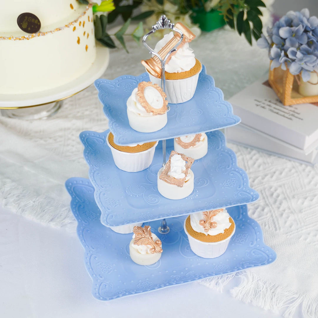 HIER_4120 13" 3-Tier Blue/Silver Floral Print Cupcake Stand, Dessert Tray, Plastic With Top Handle 7 HIER_4120 13" 3-Tier Blue/Silver Floral Print Cupcake Stand, Dessert Tray, Plastic With Top Handle