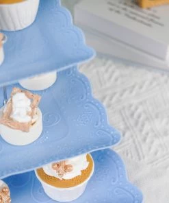 HIER_4120 13" 3-Tier Blue/Silver Floral Print Cupcake Stand, Dessert Tray, Plastic With Top Handle 20 HIER_4120 13